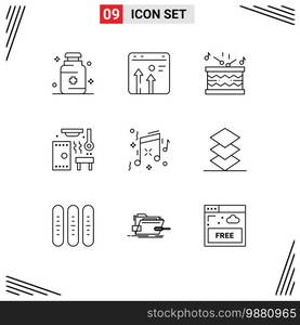 9 Universal Outlines Set for Web and Mobile Applications birthday, sauna, growth, relax, sticks Editable Vector Design Elements