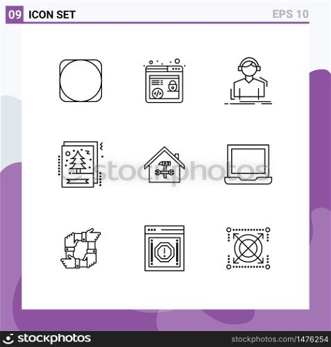 9 Universal Outlines Set for Web and Mobile Applications building, xmas, headphones, greeting, card Editable Vector Design Elements