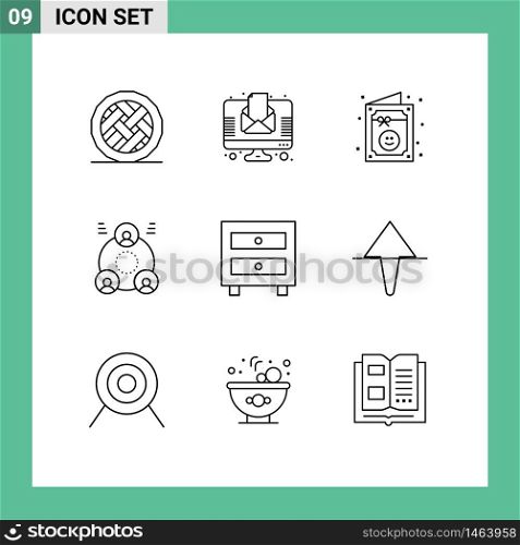 9 Universal Outlines Set for Web and Mobile Applications cabinet, group, newspaper, employee, party Editable Vector Design Elements
