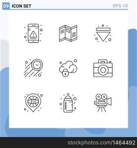 9 Universal Outlines Set for Web and Mobile Applications data, stopwatch, paper, speed, down Editable Vector Design Elements
