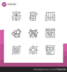 9 Universal Outlines Set for Web and Mobile Applications dollar, money, medicine, credit card, ring Editable Vector Design Elements