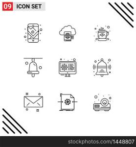 9 Universal Outlines Set for Web and Mobile Applications gear, coding, breakfast, school, bell Editable Vector Design Elements