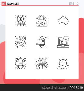 9 Universal Outlines Set for Web and Mobile Applications light, earnings, country, revenue, income Editable Vector Design Elements