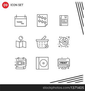 9 Universal Outlines Set for Web and Mobile Applications map, reading, report, notebook, favorite Editable Vector Design Elements