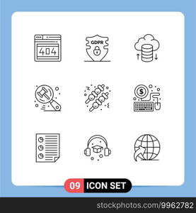 9 Universal Outlines Set for Web and Mobile Applications meatball, fast food, cloud hosting, judge, auction Editable Vector Design Elements