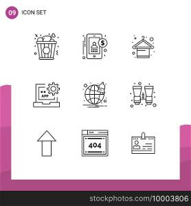 9 Universal Outlines Set for Web and Mobile Applications notification, programming, hanger, development, coding Editable Vector Design Elements