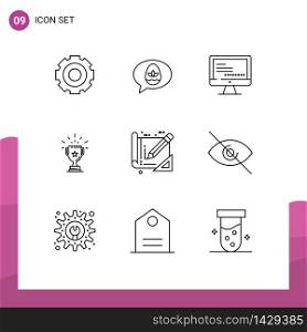 9 Universal Outlines Set for Web and Mobile Applications prize, award, nature, achievement, education Editable Vector Design Elements