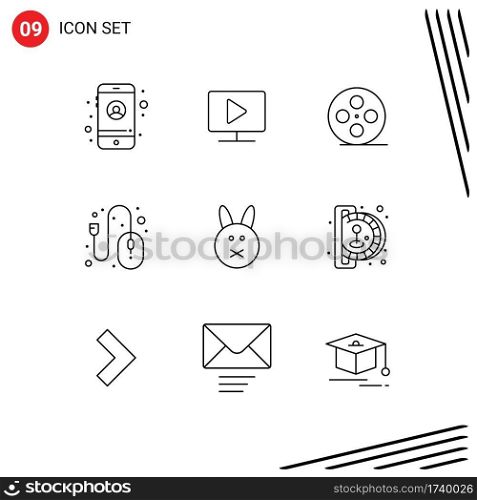 9 Universal Outlines Set for Web and Mobile Applications rabbit, bynny, film reel, control, hardware Editable Vector Design Elements