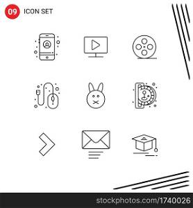 9 Universal Outlines Set for Web and Mobile Applications rabbit, bynny, film reel, control, hardware Editable Vector Design Elements