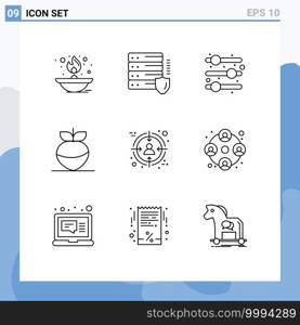 9 Universal Outlines Set for Web and Mobile Applications target, business, security, audience, turnip Editable Vector Design Elements