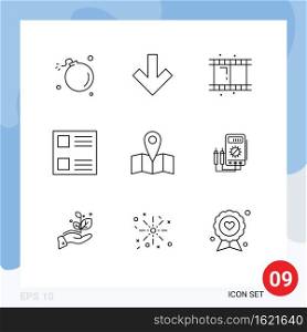 9 Universal Outlines Set for Web and Mobile Applications voltmeter, map, film, location, layout Editable Vector Design Elements