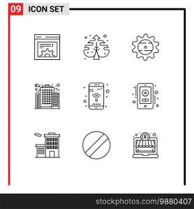 9 Universal Outlines Set for Web and Mobile Applications wifi, mobile, cap, app, city Editable Vector Design Elements