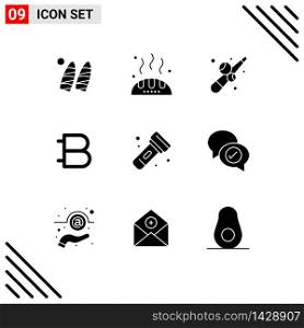9 Universal Solid Glyph Signs Symbols of camping, cryptocurrency, billiard, crypto, bytecoin Editable Vector Design Elements