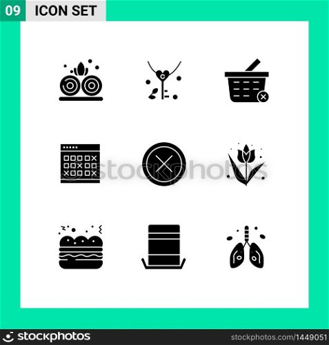 9 Universal Solid Glyph Signs Symbols of cancel, schedule, delete, month, event Editable Vector Design Elements