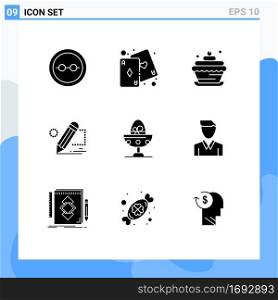9 Universal Solid Glyph Signs Symbols of draw, painting, play, darwing, cupcake food Editable Vector Design Elements