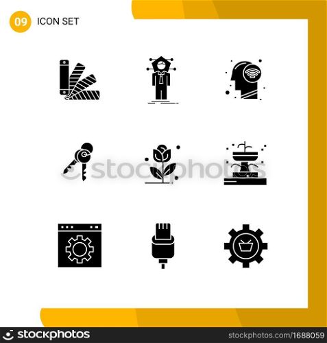 9 Universal Solid Glyph Signs Symbols of flower, security, solution, keys, wifi signal Editable Vector Design Elements