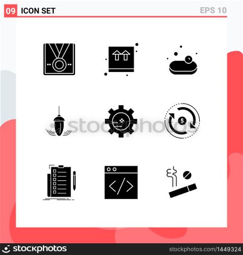 9 Universal Solid Glyph Signs Symbols of gear, plumb, shopping, measurement, sinker Editable Vector Design Elements