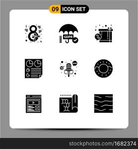 9 Universal Solid Glyph Signs Symbols of microphone, report, box, page, data Editable Vector Design Elements