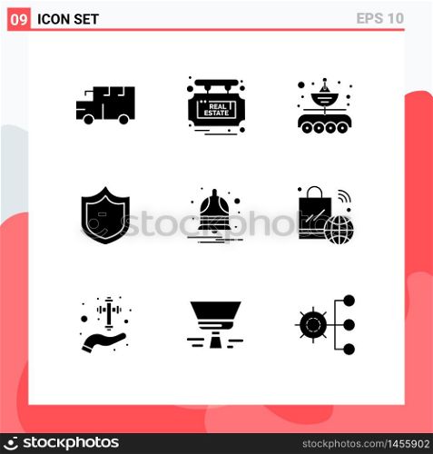9 Universal Solid Glyph Signs Symbols of notification, shield, antenna, protection, transfer Editable Vector Design Elements
