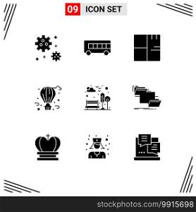 9 Universal Solid Glyph Signs Symbols of park, bench, buildings, city life, balloon Editable Vector Design Elements