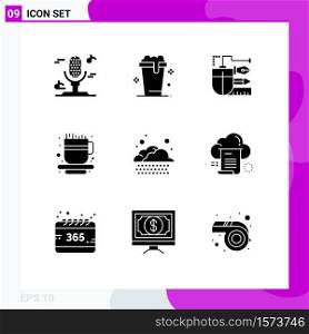 9 Universal Solid Glyph Signs Symbols of weather, cloud, drawing, tea cup, coffee cup Editable Vector Design Elements