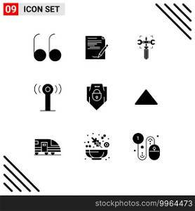 9 Universal Solid Glyph Signs Symbols of web security, password, gear, internet, signal Editable Vector Design Elements