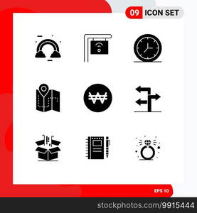 9 Universal Solid Glyphs Set for Web and Mobile Applications currency, location, clock, track, c&ing Editable Vector Design Elements