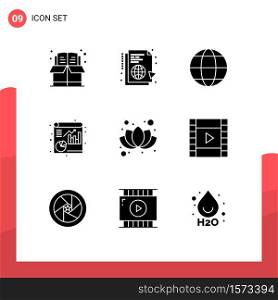 9 Universal Solid Glyphs Set for Web and Mobile Applications flower, report, sync, file, globe Editable Vector Design Elements