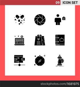 9 Universal Solid Glyphs Set for Web and Mobile Applications gift, dollar business, avatar, online, photo Editable Vector Design Elements