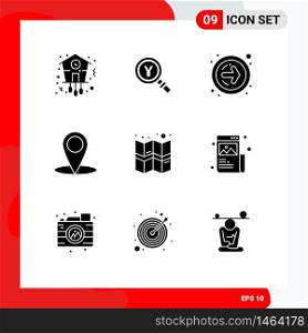 9 Universal Solid Glyphs Set for Web and Mobile Applications location, education, search, map, next button Editable Vector Design Elements