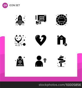 9 Universal Solid Glyphs Set for Web and Mobile Applications love, heart attack, creative, stethoscope, health Editable Vector Design Elements