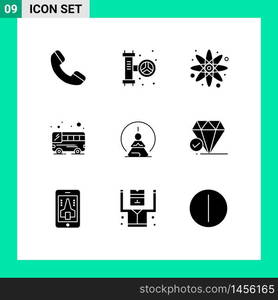 9 Universal Solid Glyphs Set for Web and Mobile Applications mind, meditation, energy, concentration, transport Editable Vector Design Elements