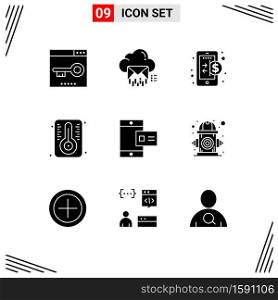 9 Universal Solid Glyphs Set for Web and Mobile Applications mobile, temperature, data, degree, finance Editable Vector Design Elements