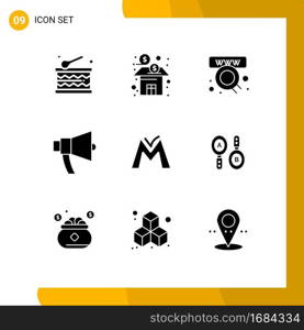 9 Universal Solid Glyphs Set for Web and Mobile Applications monetary unit, megaphone, commerce, loud, ads Editable Vector Design Elements