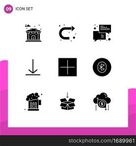 9 Universal Solid Glyphs Set for Web and Mobile Applications open, add, chat, twitter, download Editable Vector Design Elements