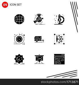 9 Universal Solid Glyphs Set for Web and Mobile Applications spring, car, laboratory, time process, regular Editable Vector Design Elements