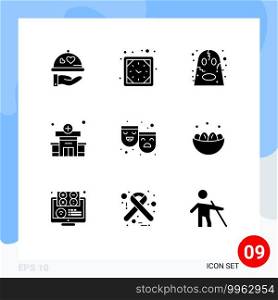 9 Universal Solid Glyphs Set for Web and Mobile Applications theater, masks, angry, medical, clinic Editable Vector Design Elements