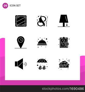 9 Universal Solid Glyphs Set for Web and Mobile Applications time, geo, symbol, lightning, l&Editable Vector Design Elements