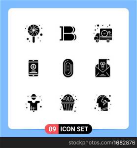 9 Universal Solid Glyphs Set for Web and Mobile Applications touch, biometric, shipping, money, mobile money Editable Vector Design Elements