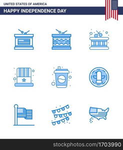 9 USA Blue Pack of Independence Day Signs and Symbols of cola  usa  st  hat  american Editable USA Day Vector Design Elements