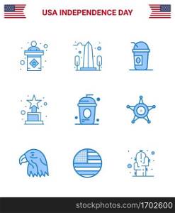 9 USA Blue Pack of Independence Day Signs and Symbols of cole  trophy  washington  award  states Editable USA Day Vector Design Elements