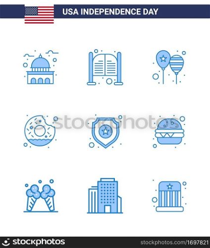 9 USA Blue Pack of Independence Day Signs and Symbols of yummy; donut; day; america flag; day Editable USA Day Vector Design Elements