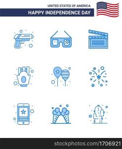 9 USA Blue Signs Independence Day Celebration Symbols of celebrate  food  american  fries  chips Editable USA Day Vector Design Elements