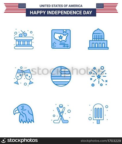 9 USA Blue Signs Independence Day Celebration Symbols of usa; flag; city; american; wine Editable USA Day Vector Design Elements