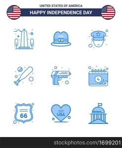 9 USA Blue Signs Independence Day Celebration Symbols of weapon; security; man; gun; bat Editable USA Day Vector Design Elements