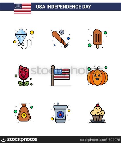 9 USA Flat Filled Line Pack of Independence Day Signs and Symbols of united  flag  ice cream  plent  imerican Editable USA Day Vector Design Elements