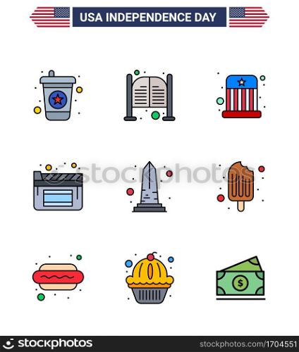 9 USA Flat Filled Line Pack of Independence Day Signs and Symbols of sight; landmark; circus; film; cinema Editable USA Day Vector Design Elements
