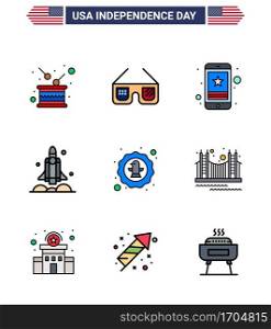9 USA Flat Filled Line Pack of Independence Day Signs and Symbols of transport; rocket; usa; launcher; mobile Editable USA Day Vector Design Elements