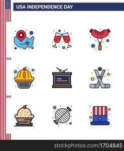 9 USA Flat Filled Line Pack of Independence Day Signs and Symbols of independece  drum  food  cake  muffin Editable USA Day Vector Design Elements