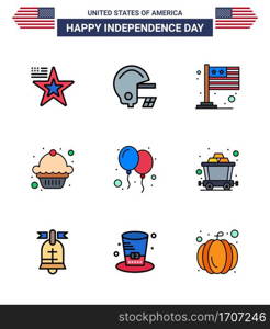 9 USA Flat Filled Line Pack of Independence Day Signs and Symbols of party; celebrate; flag; balloons; dessert Editable USA Day Vector Design Elements